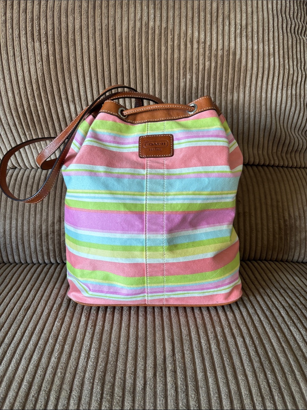Coach Pink, Green & Blue Striped Canvas Bucket backpack